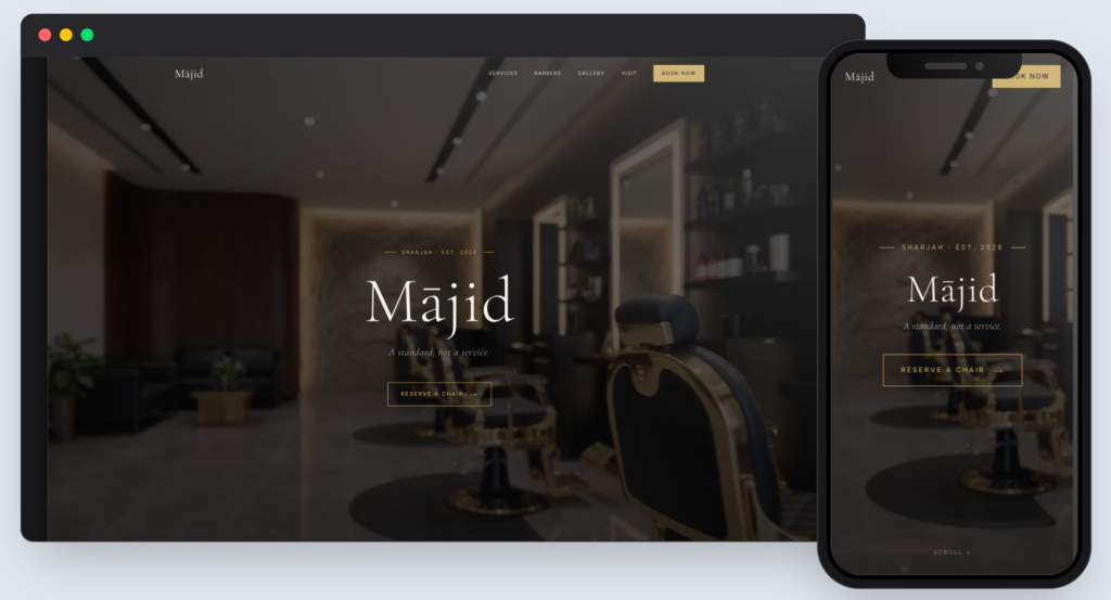 Majid Barbershop website design shown on desktop and mobile with a black and gold theme