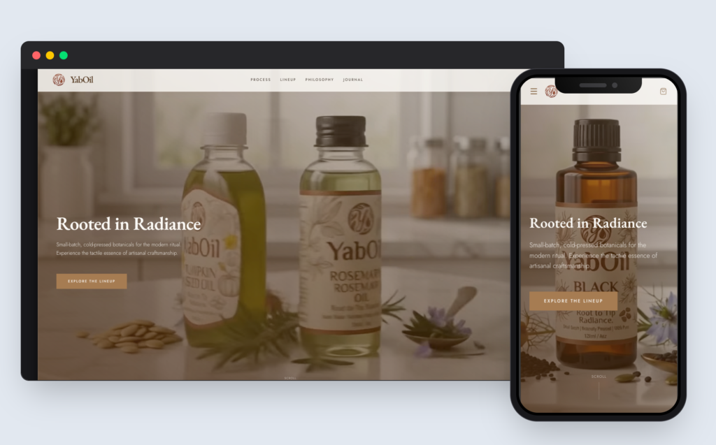 YabOil natural oil brand website shown on desktop and mobile